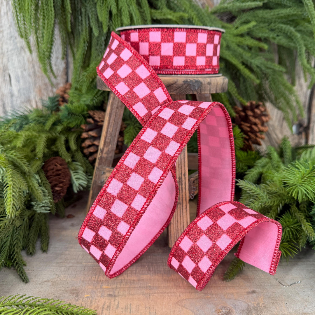 1.5" Pink Red Glitter Check Ribbon, Christmas Ribbon