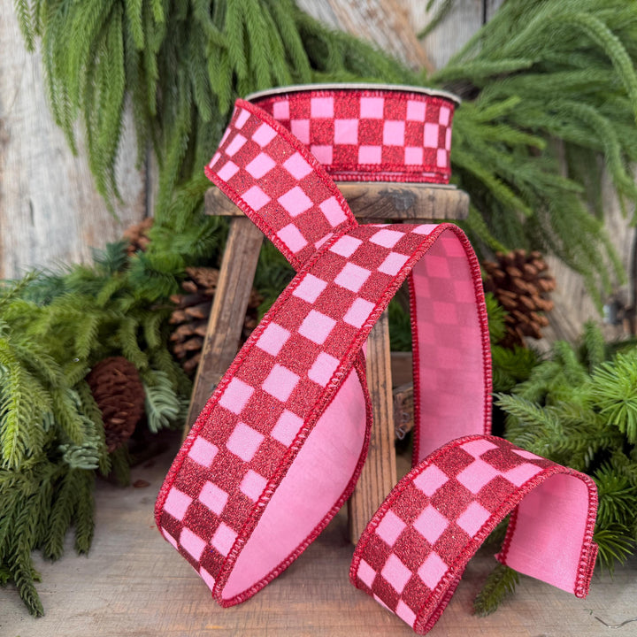 1.5" Pink Red Glitter Check Ribbon, Christmas Ribbon