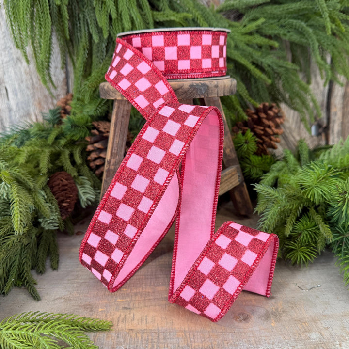 1.5" Pink Red Glitter Check Ribbon, Christmas Ribbon