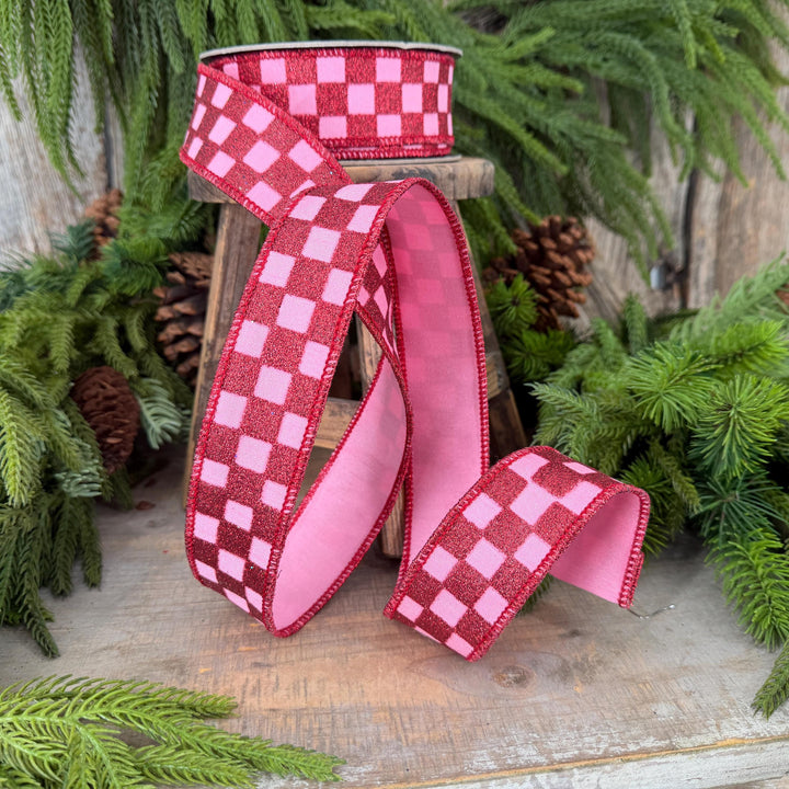 1.5" Pink Red Glitter Check Ribbon, Christmas Ribbon
