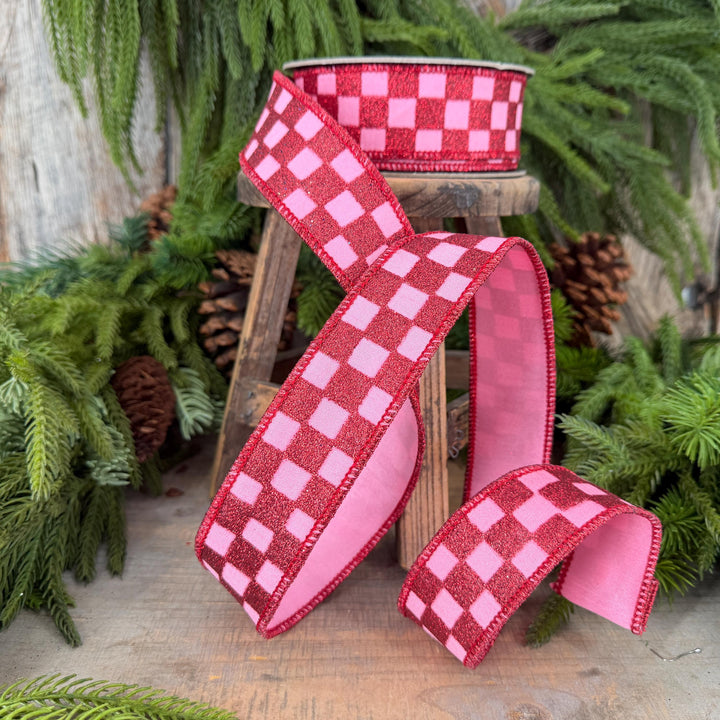 1.5" Pink Red Glitter Check Ribbon, Christmas Ribbon