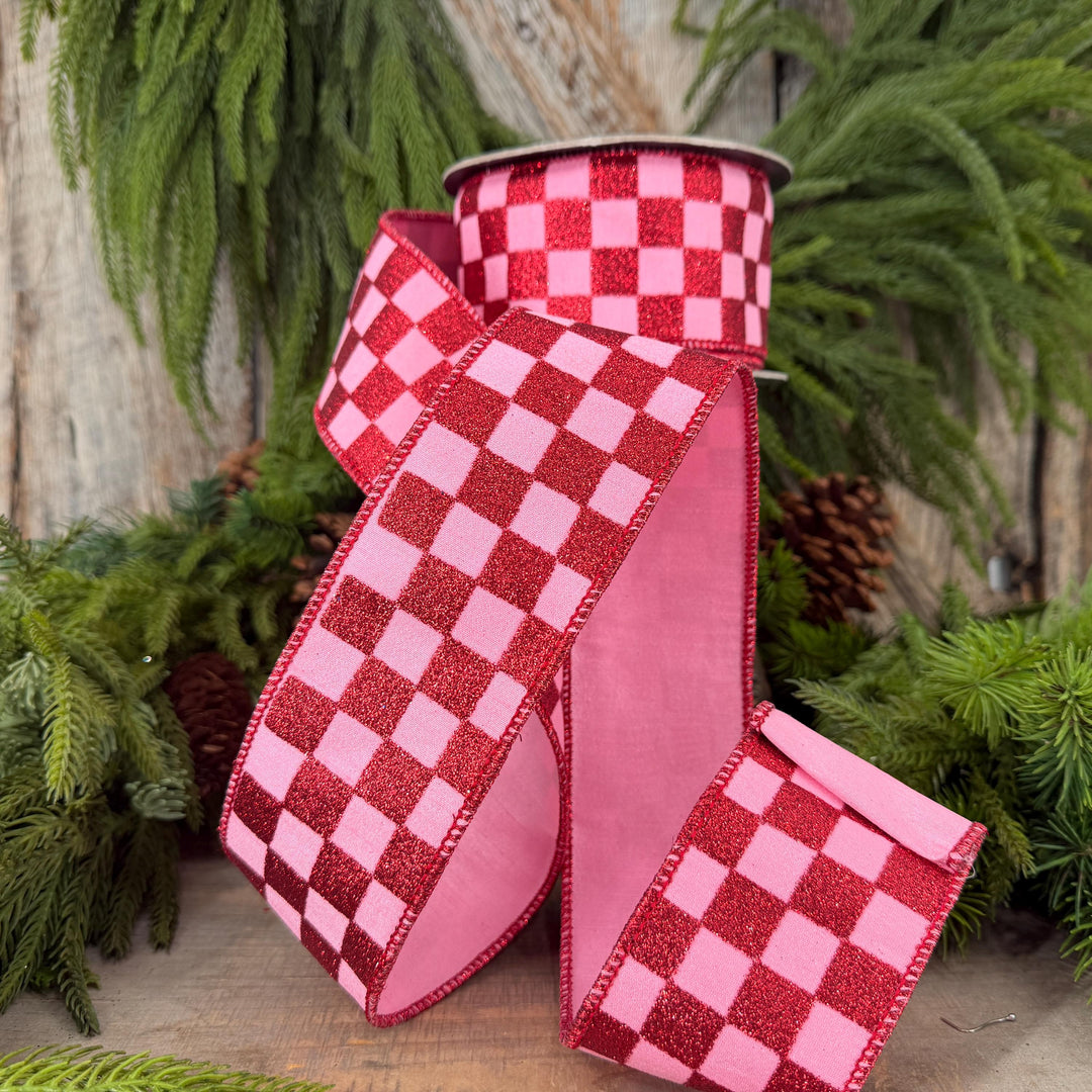 2.5" Pink Red Glitter Check Ribbon, Christmas Ribbon
