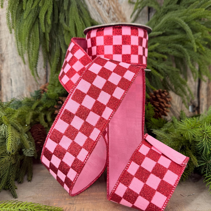 2.5" Pink Red Glitter Check Ribbon, Christmas Ribbon