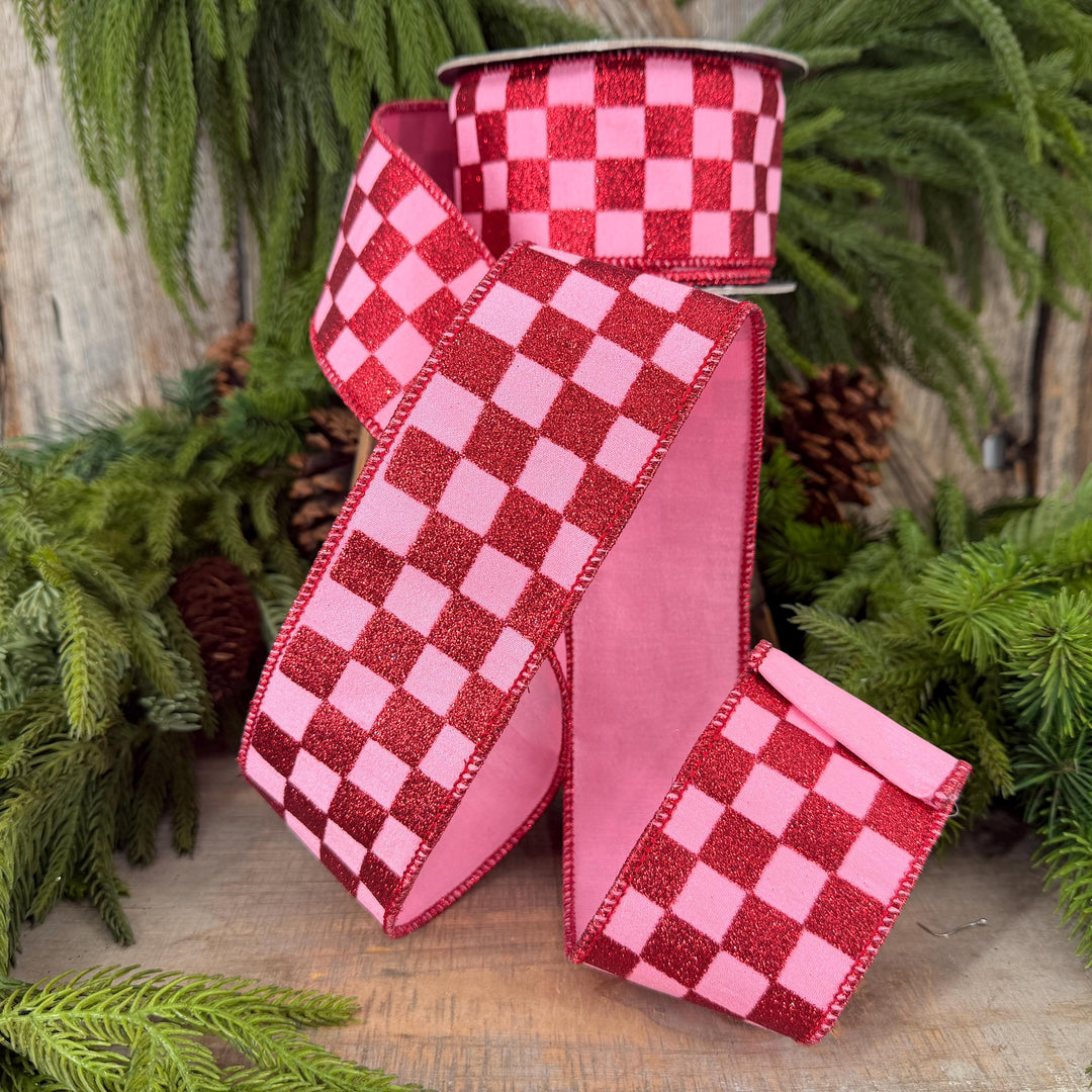 2.5" Pink Red Glitter Check Ribbon, Christmas Ribbon