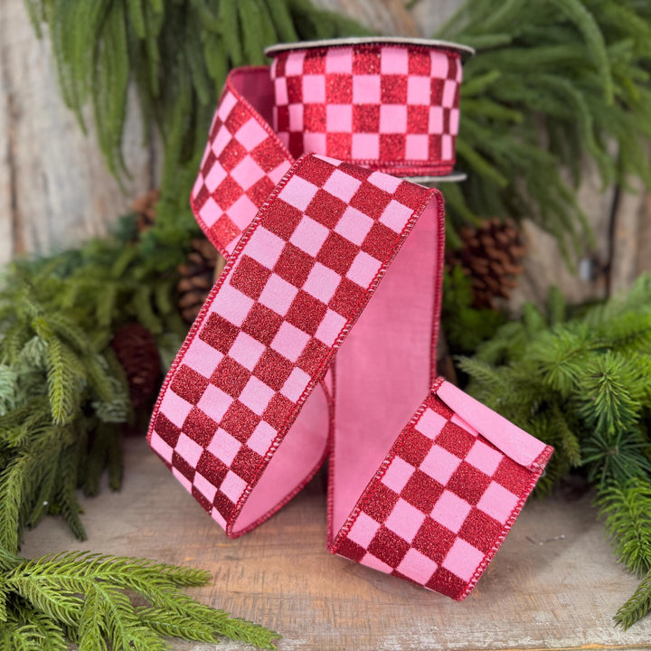 2.5" Pink Red Glitter Check Ribbon, Christmas Ribbon