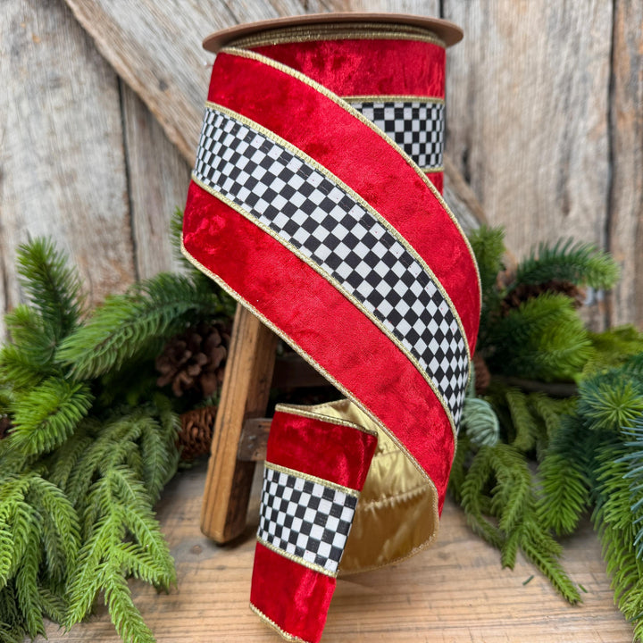 4" Red Velvet Black White Check Wired Ribbon | Gold Backing | 10 Yards