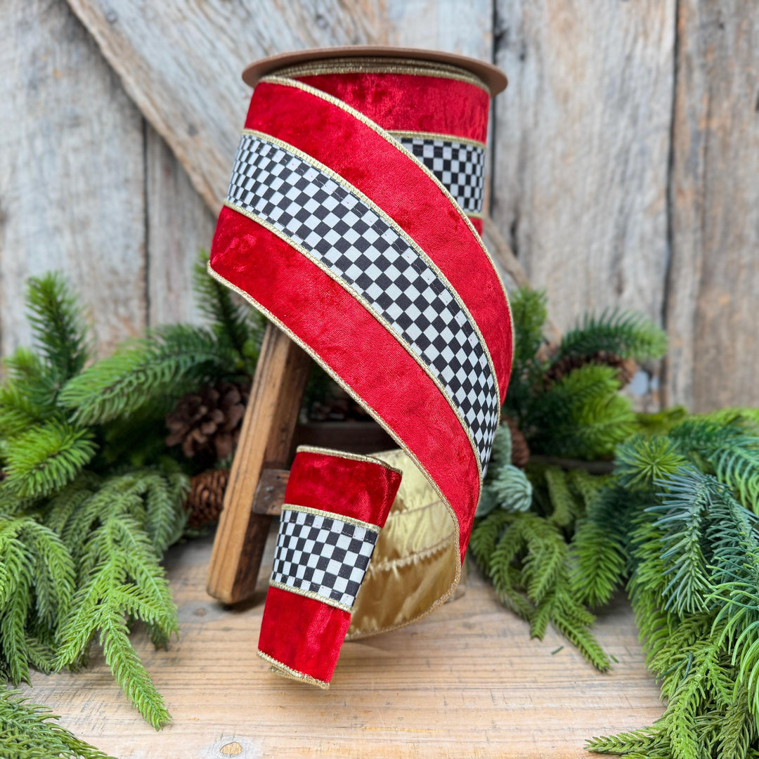4" Red Velvet Black White Check Wired Ribbon | Gold Backing | 10 Yards