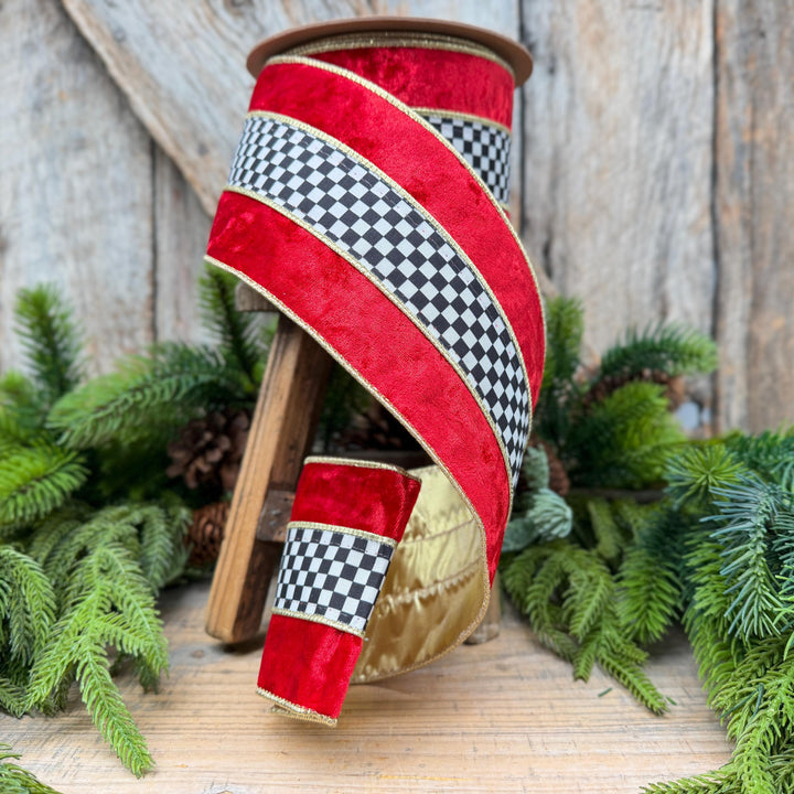 4" Red Velvet Black White Check Wired Ribbon | Gold Backing | 10 Yards