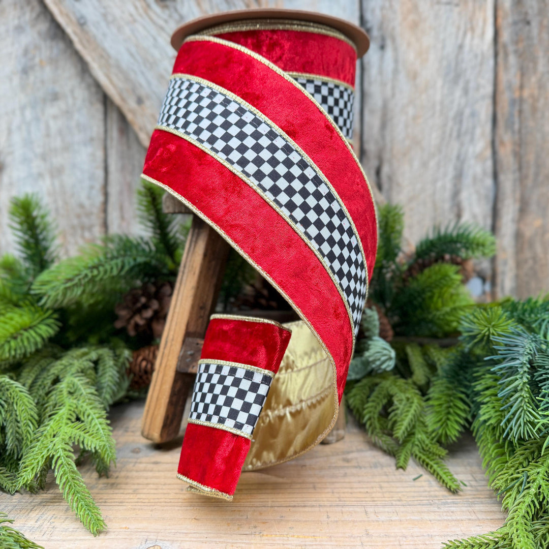 4" Red Velvet Black White Check Wired Ribbon | Gold Backing | 10 Yards