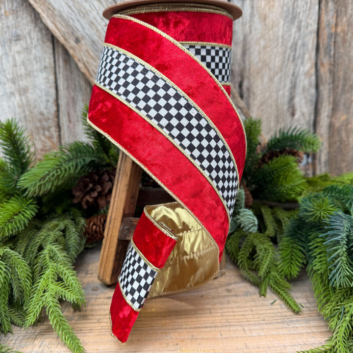 4" Red Velvet Black White Check Wired Ribbon | Gold Backing | 10 Yards