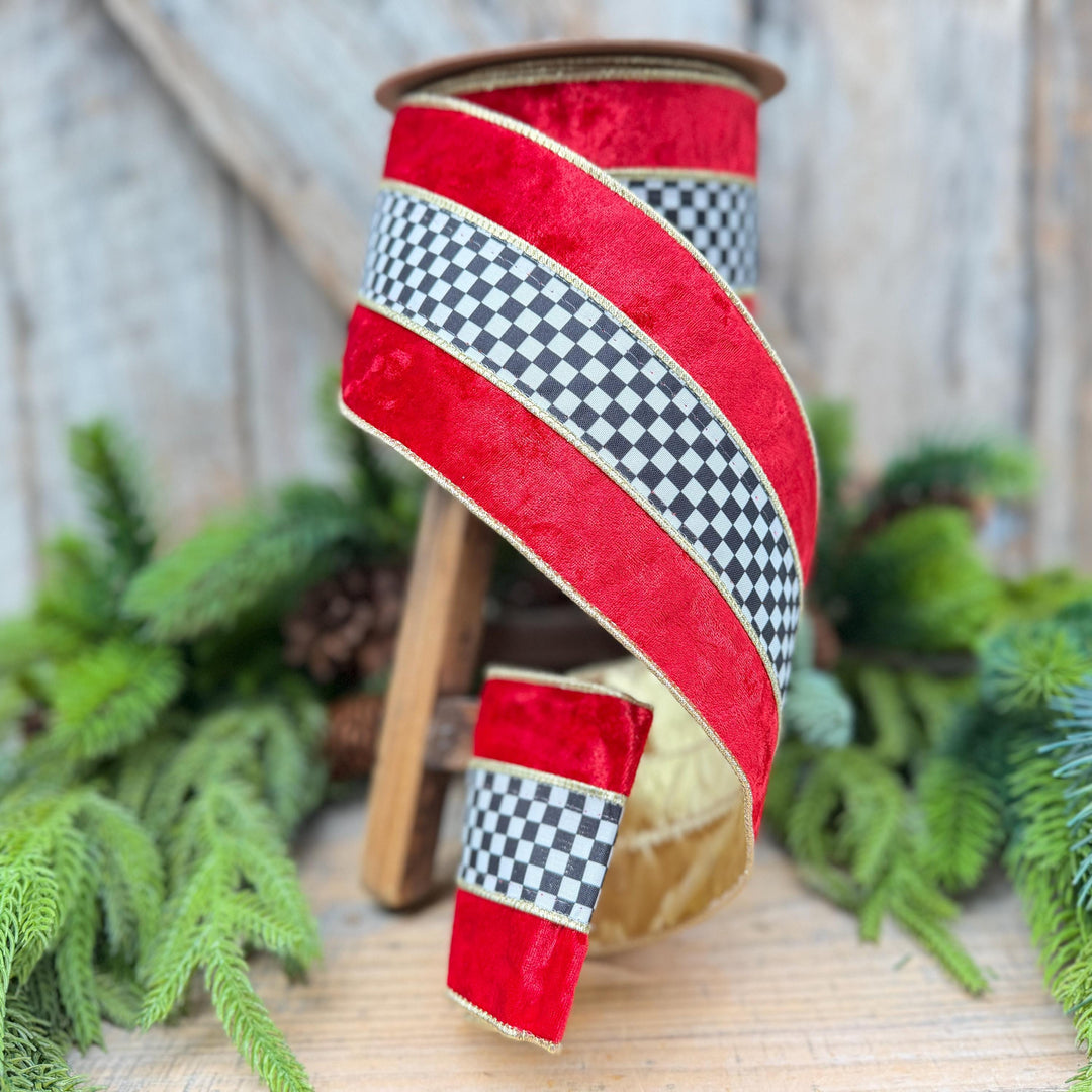 4" Red Velvet Black White Check Wired Ribbon | Gold Backing | 10 Yards