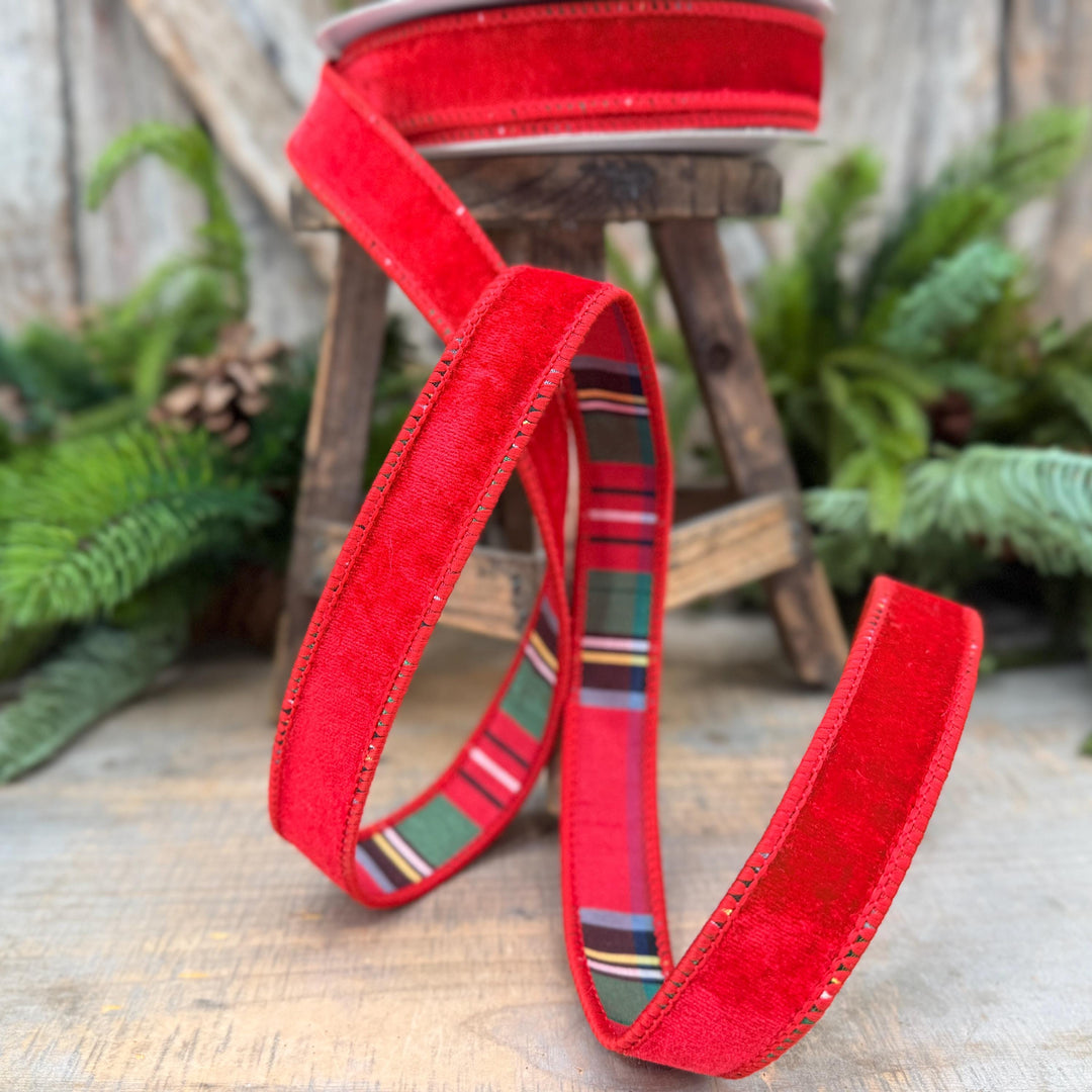 1" Red Velvet Plaid Ribbon, Double Sided Plaid Ribbon