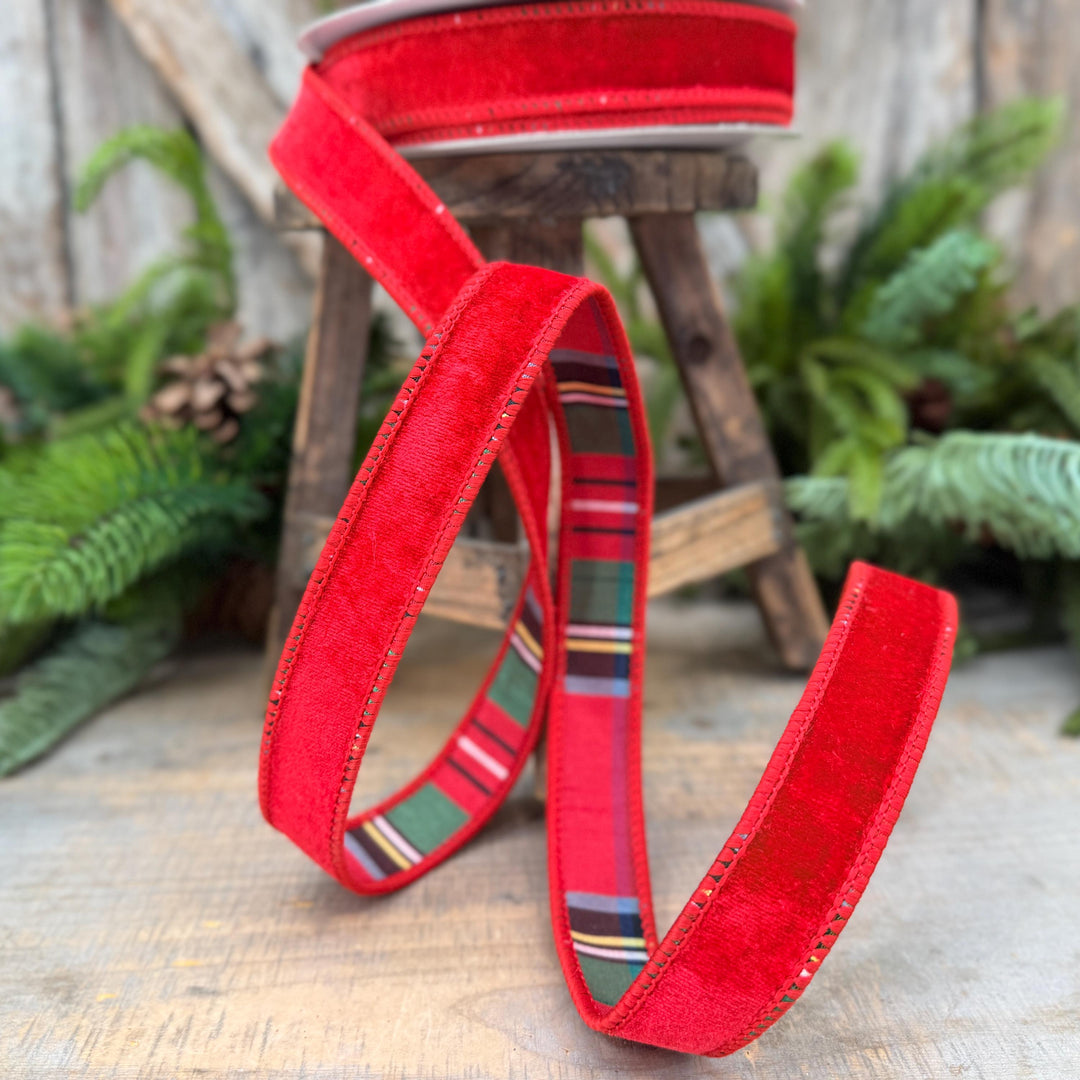 1" Red Velvet Plaid Ribbon, Double Sided Plaid Ribbon