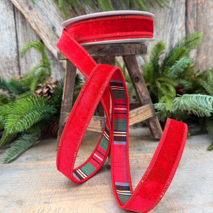 1" Red Velvet Plaid Ribbon, Double Sided Plaid Ribbon