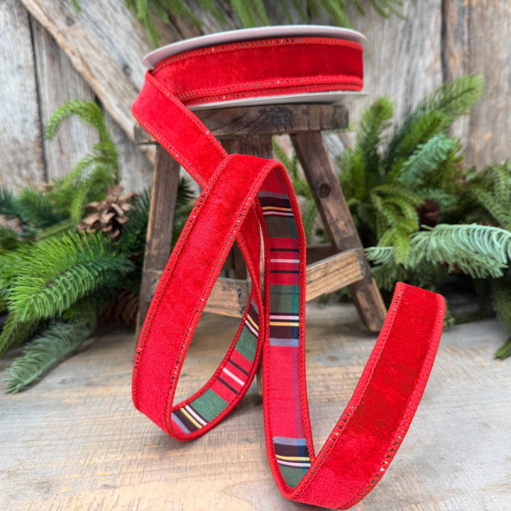1" Red Velvet Plaid Ribbon, Double Sided Plaid Ribbon
