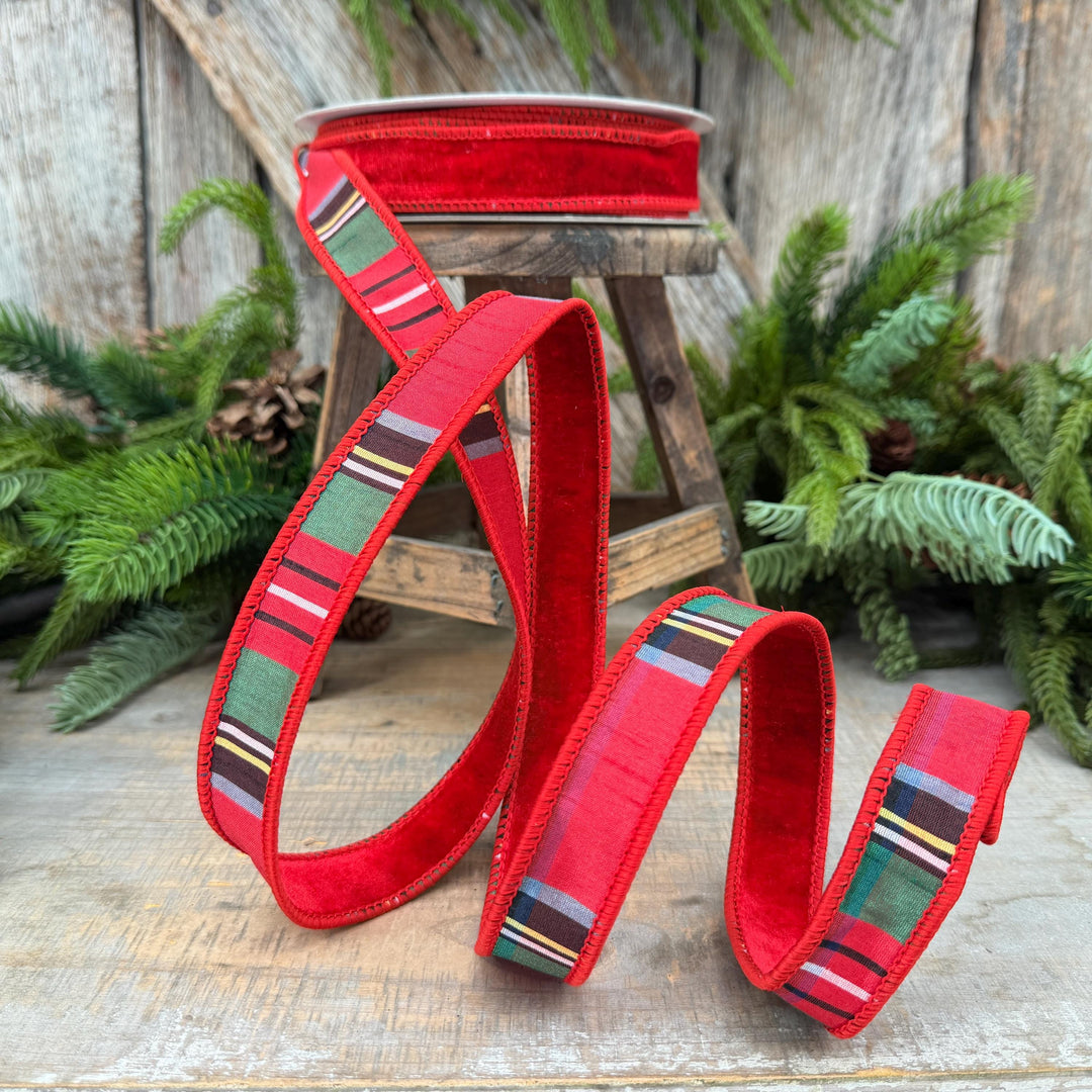 1" Red Velvet Plaid Ribbon, Double Sided Plaid Ribbon