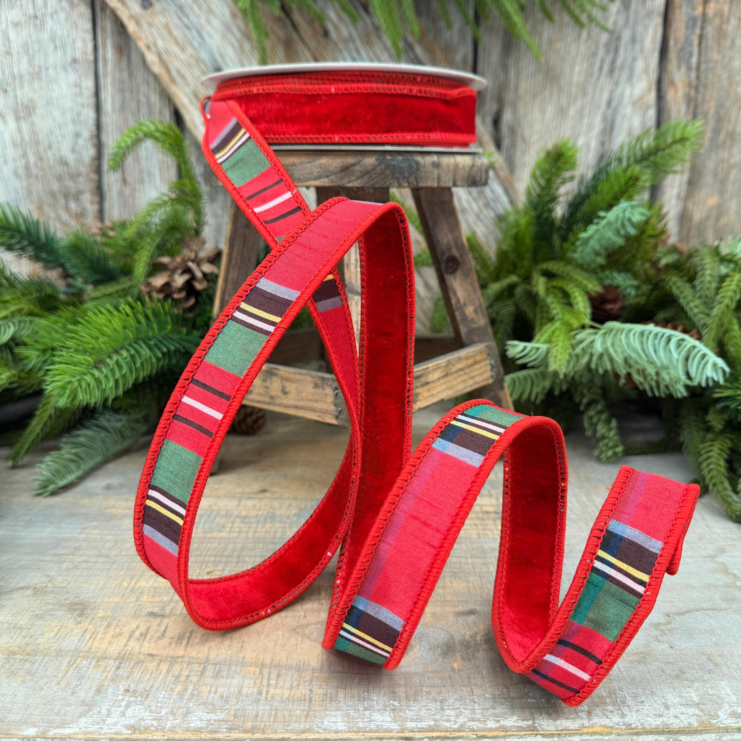 1" Red Velvet Plaid Ribbon, Double Sided Plaid Ribbon
