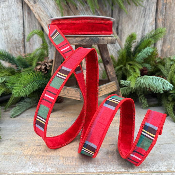 1" Red Velvet Plaid Ribbon, Double Sided Plaid Ribbon