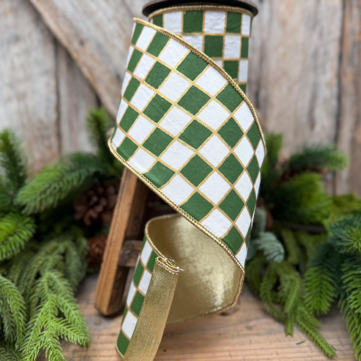 4" Moss Green Check Christmas Ribbon with Gold Backing – Wired Edge