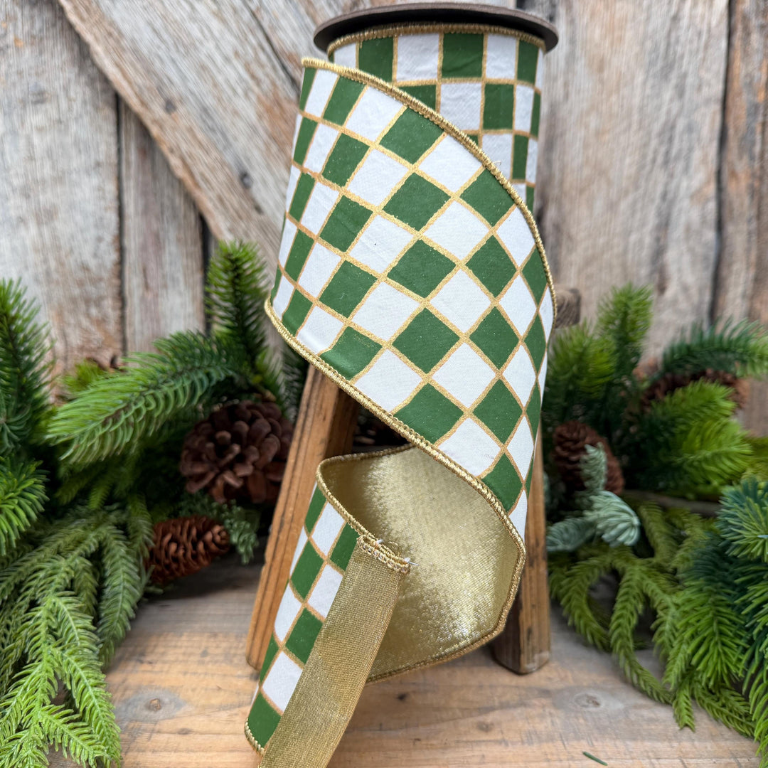 4" Moss Green Check Christmas Ribbon with Gold Backing – Wired Edge