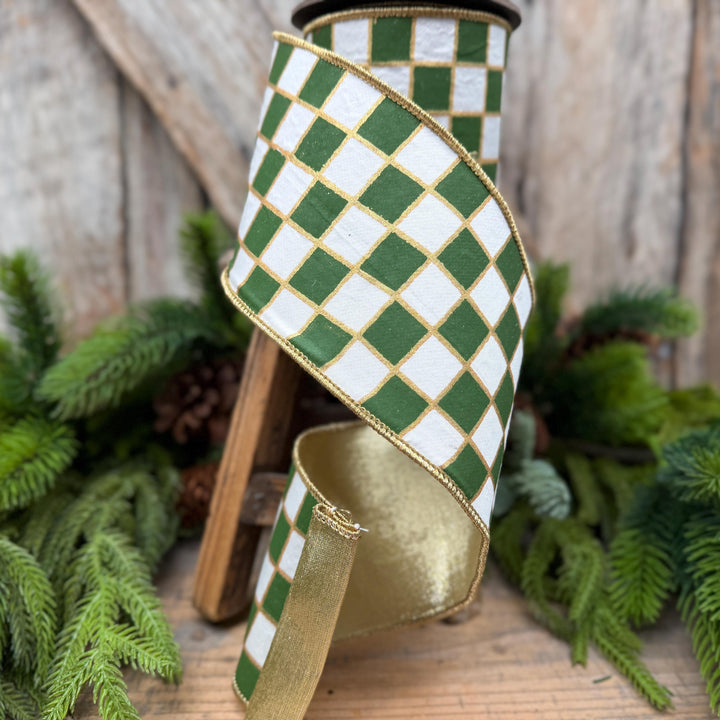 4" Moss Green Check Christmas Ribbon with Gold Backing – Wired Edge