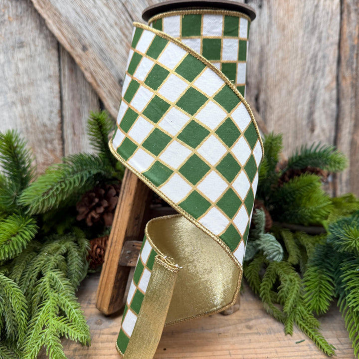 4" Moss Green Check Christmas Ribbon with Gold Backing – Wired Edge