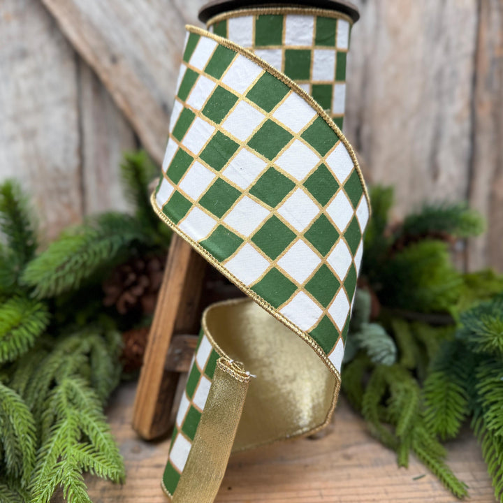 4" Moss Green Check Christmas Ribbon with Gold Backing – Wired Edge