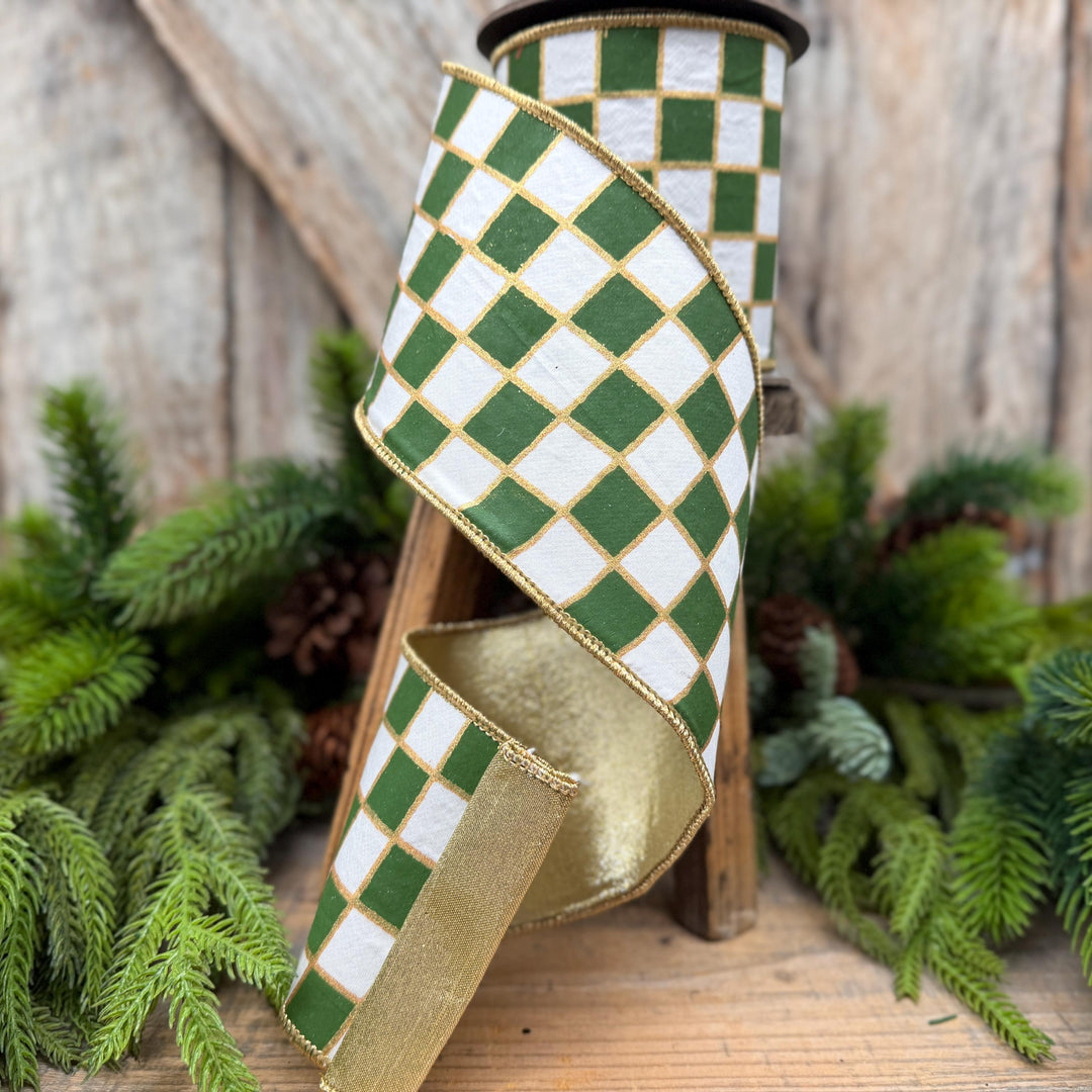 4" Moss Green Check Christmas Ribbon with Gold Backing – Wired Edge