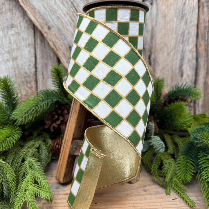 4" Moss Green Check Christmas Ribbon with Gold Backing – Wired Edge