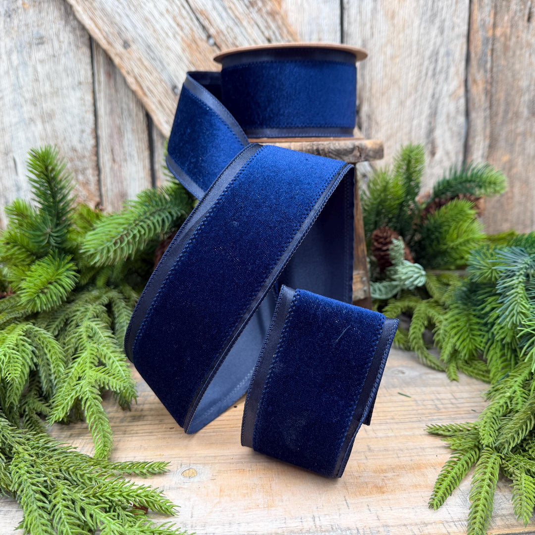 2.5" Navy Blue Velvet ribbon with Satin Trim