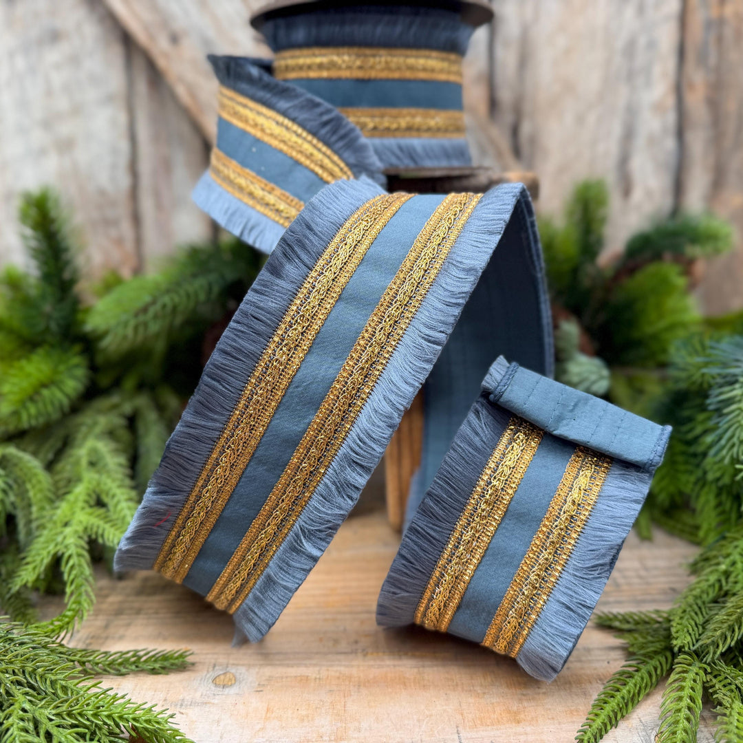 2.5" Dusty Blue Fringe Ribbon, Christmas Tree Ribbon