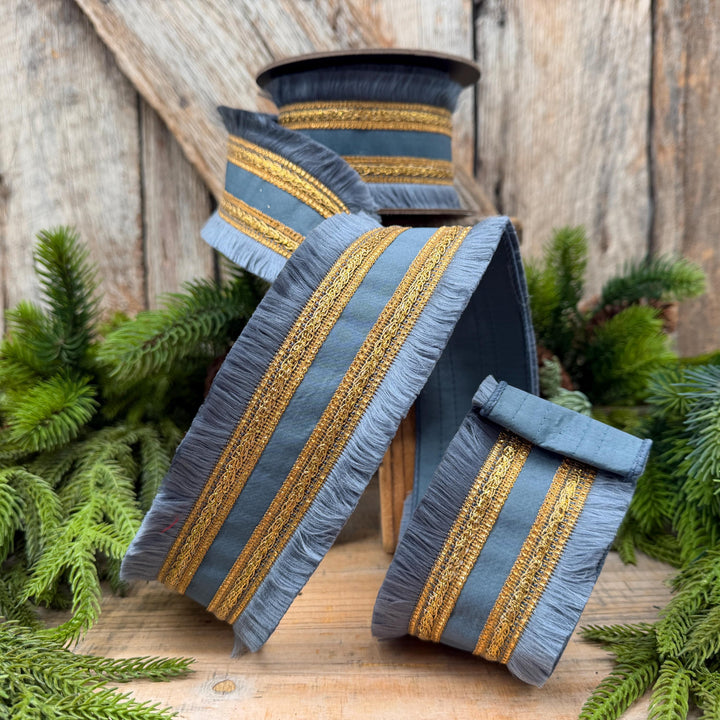2.5" Dusty Blue Fringe Ribbon, Christmas Tree Ribbon