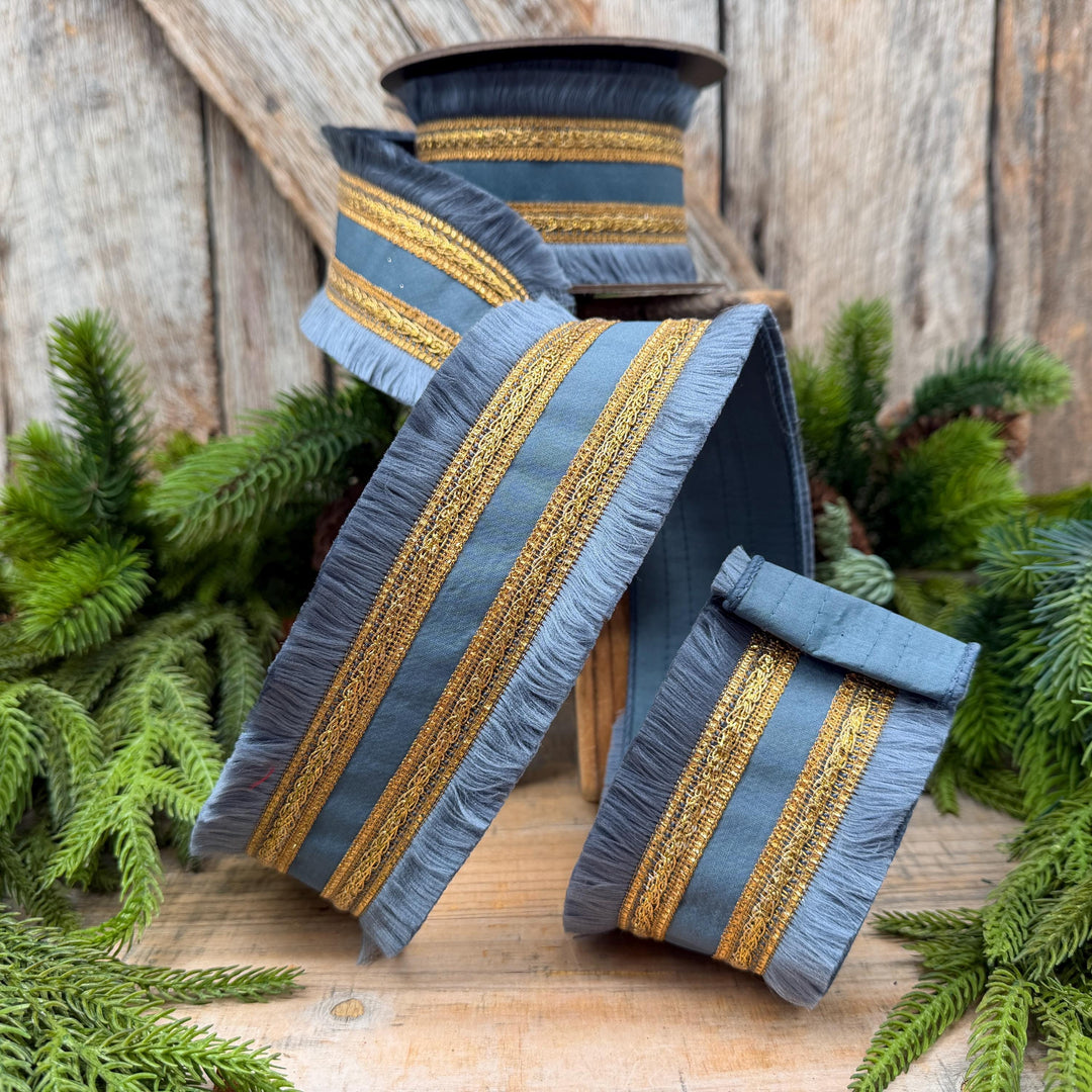 2.5" Dusty Blue Fringe Ribbon, Christmas Tree Ribbon