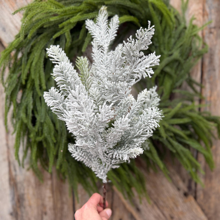 24" Snow Flocked Swiss Pine Spray – Frosted Christmas Greenery