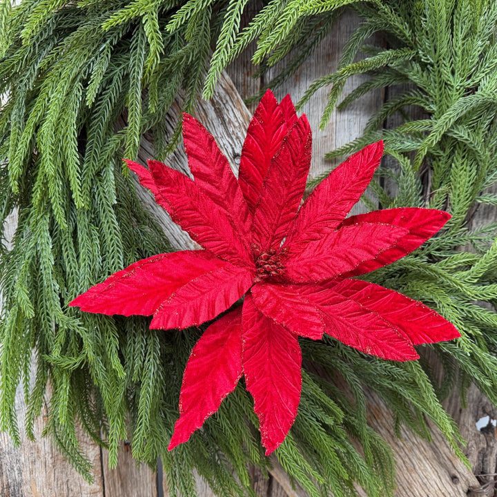 24" Red Velvet Poinsettia Stem, Christmas Tree Floral