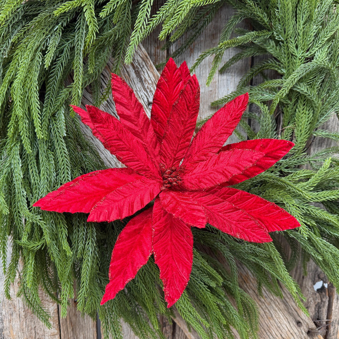 24" Red Velvet Poinsettia Stem, Christmas Tree Floral