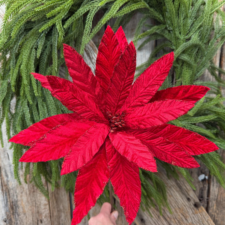 24" Red Velvet Poinsettia Stem, Christmas Tree Floral