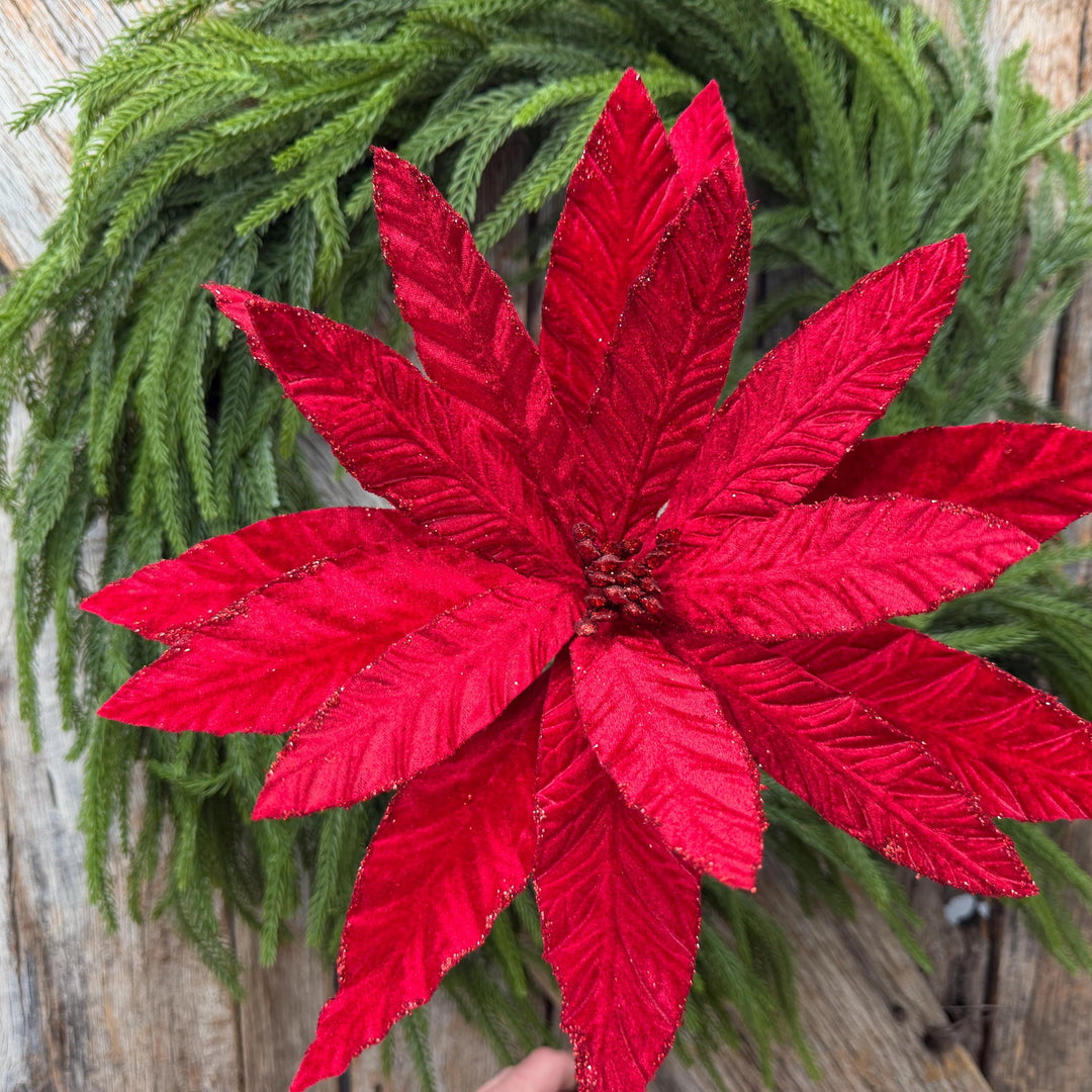 24" Red Velvet Poinsettia Stem, Christmas Tree Floral