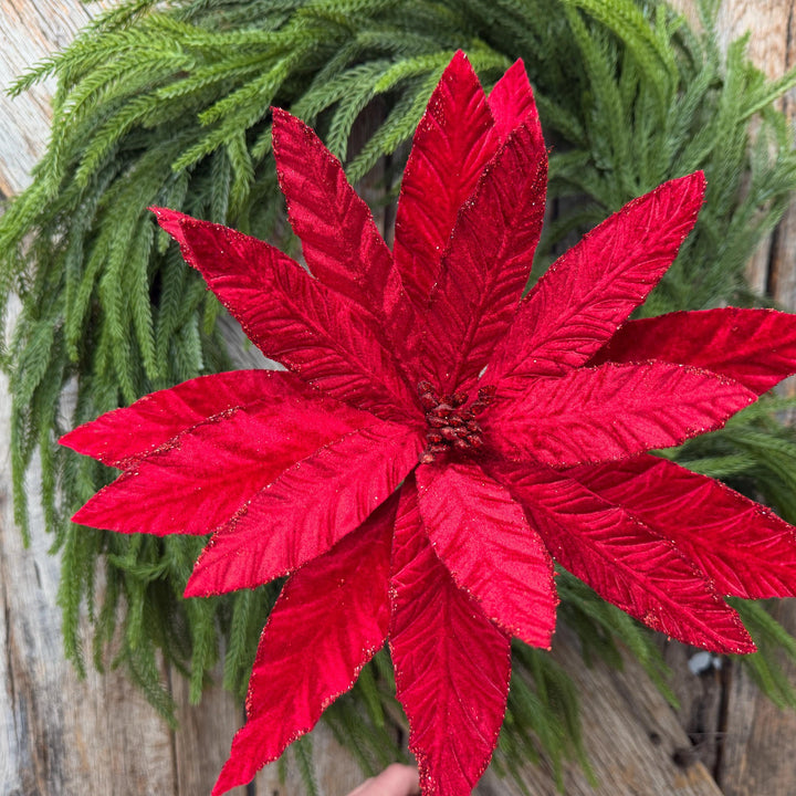 24" Red Velvet Poinsettia Stem, Christmas Tree Floral