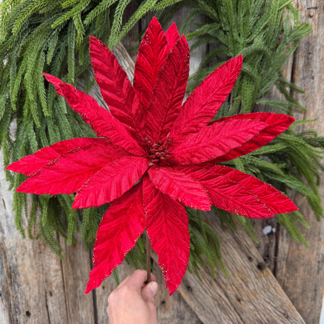 24" Red Velvet Poinsettia Stem, Christmas Tree Floral