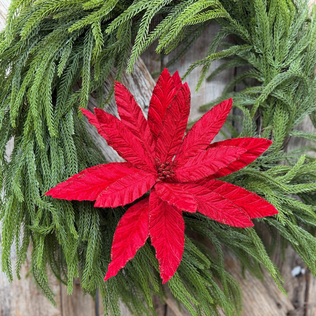 24" Red Velvet Poinsettia Stem, Christmas Tree Floral