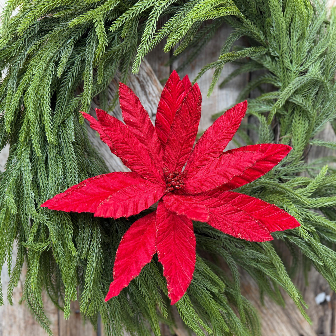24" Red Velvet Poinsettia Stem, Christmas Tree Floral