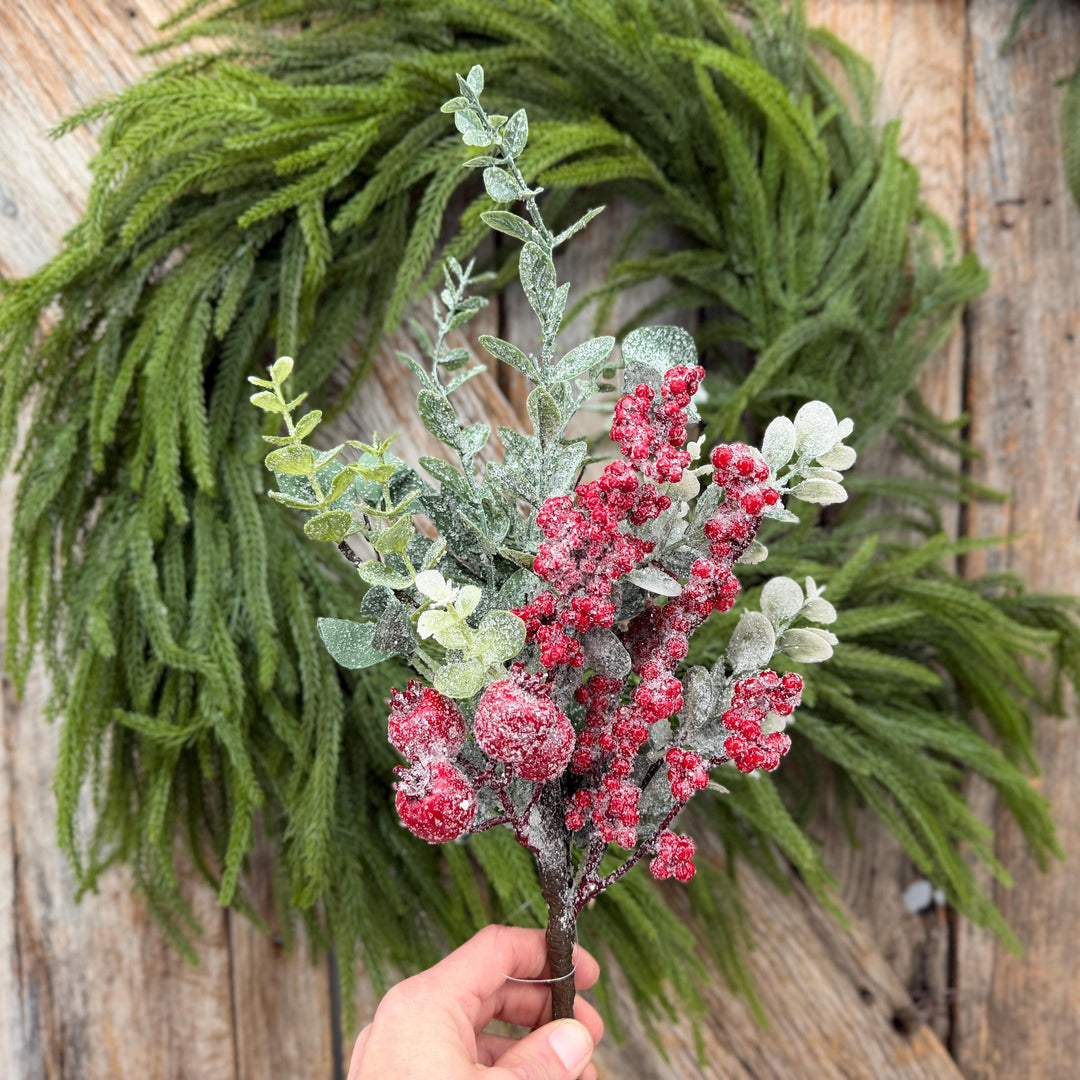 18" Icy Red Berry and Frosted Greenery Pick – Christmas Floral Spray