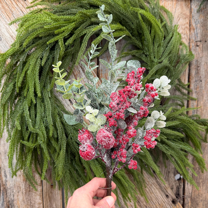 18" Icy Red Berry and Frosted Greenery Pick – Christmas Floral Spray