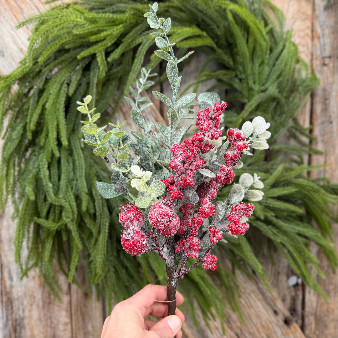 18" Icy Red Berry and Frosted Greenery Pick – Christmas Floral Spray