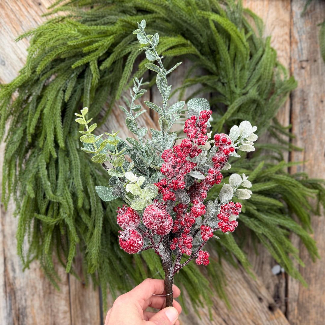 18" Icy Red Berry and Frosted Greenery Pick – Christmas Floral Spray