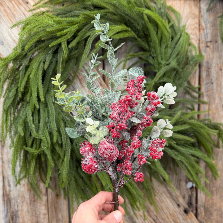 18" Icy Red Berry and Frosted Greenery Pick – Christmas Floral Spray