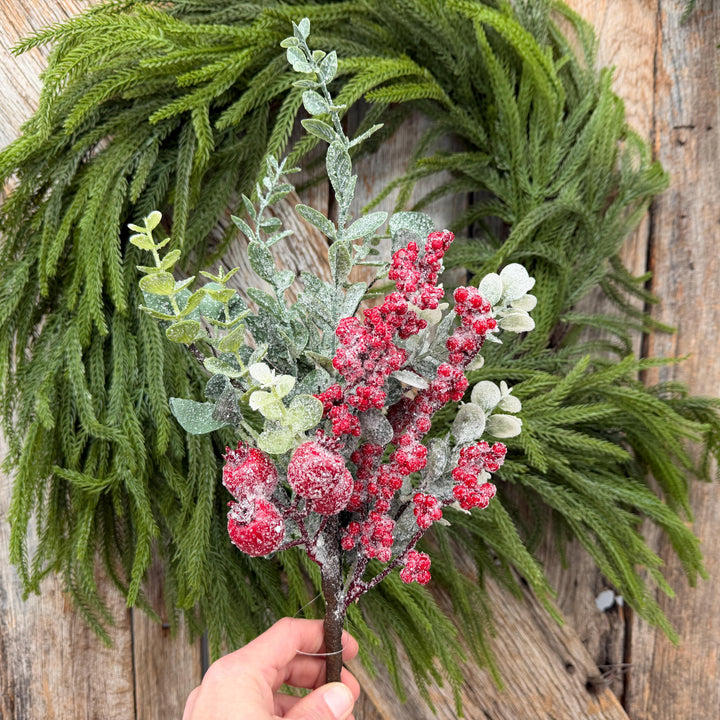 18" Icy Red Berry and Frosted Greenery Pick – Christmas Floral Spray