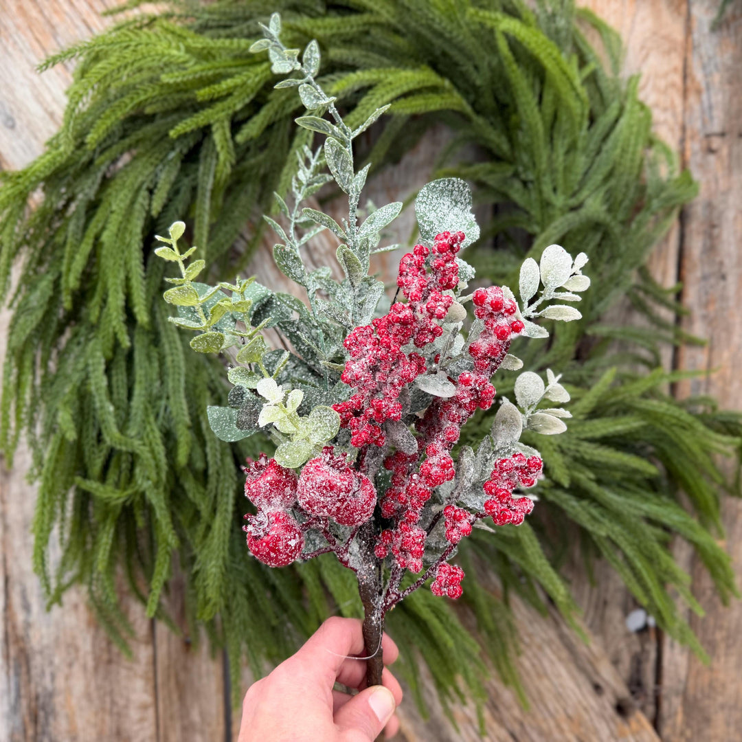 18" Icy Red Berry and Frosted Greenery Pick – Christmas Floral Spray