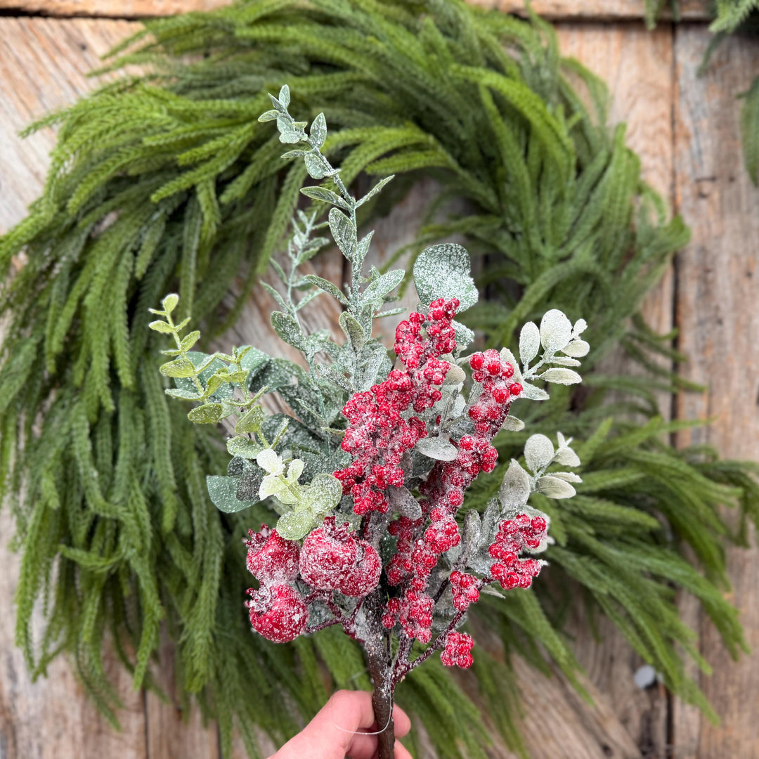 18" Icy Red Berry and Frosted Greenery Pick – Christmas Floral Spray